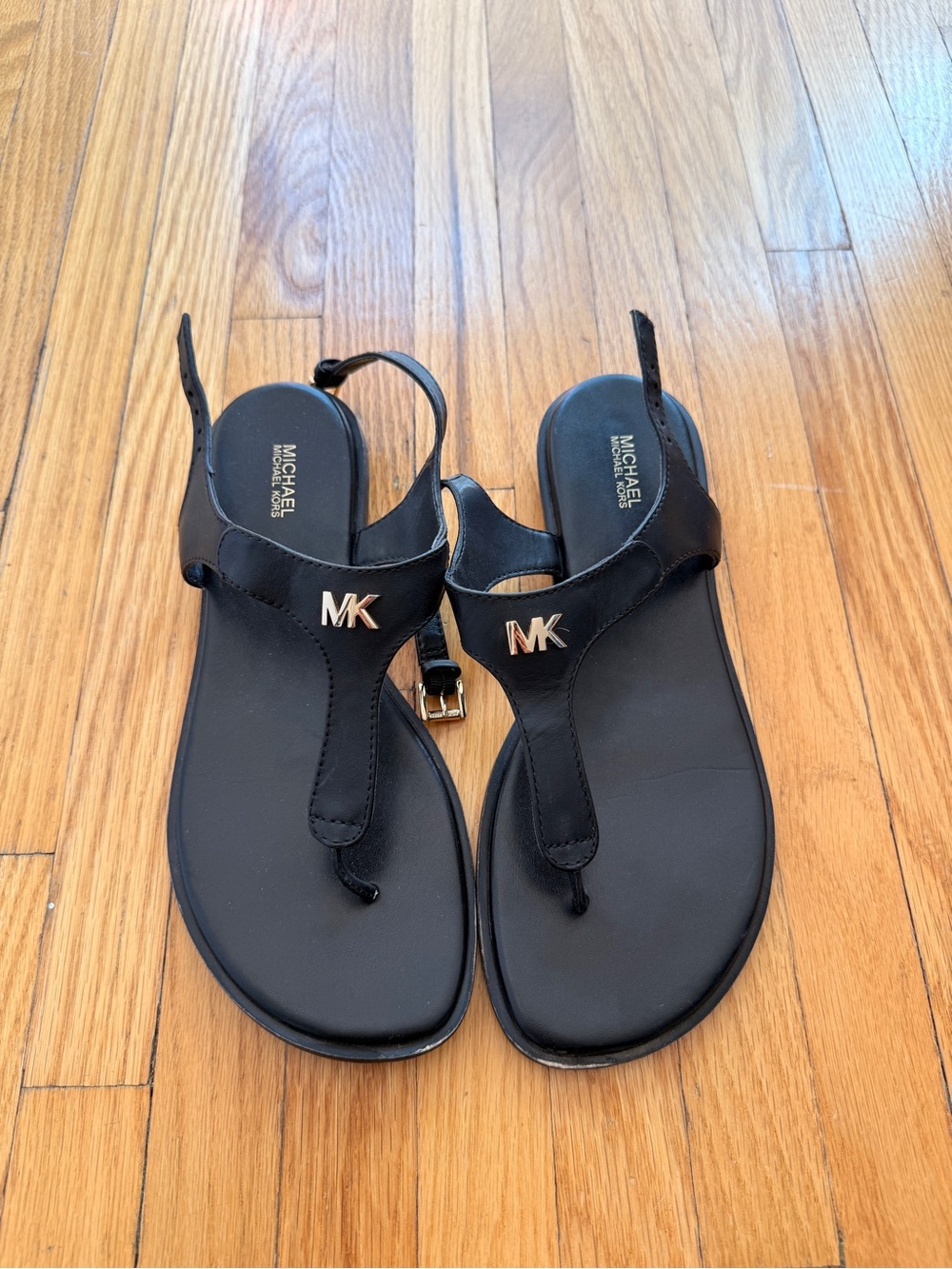 MICHAEL Michael Kors Black Leather Slingback Sandals with Gold Logo SIZE 10